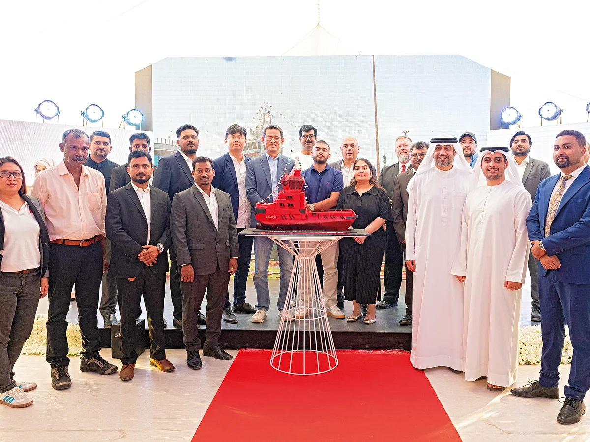 Ling Yong Wah, CEO Vallianz Holdings Limited; Walter van Aarde, General Manager Rawabi Vallianz Offshore Services; Hemant Kumar Tandon, Managing Director, Premier Marine Shipyards along with officials and guests during the Rawabi 73 launch ceremony at Dubai Maritime City