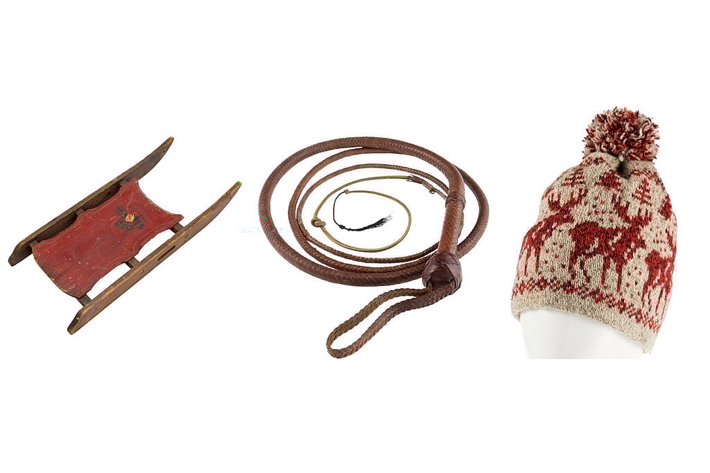 This combination of images shows the Rosebud sled from the film “Citizen Kane," left, a whip wielded by Harrison Ford in “Indiana Jones and the Last Crusade," center, and the knit hat worn by Macaulay Culkin in the film "Home Alone." (Heritage Auctions via AP)