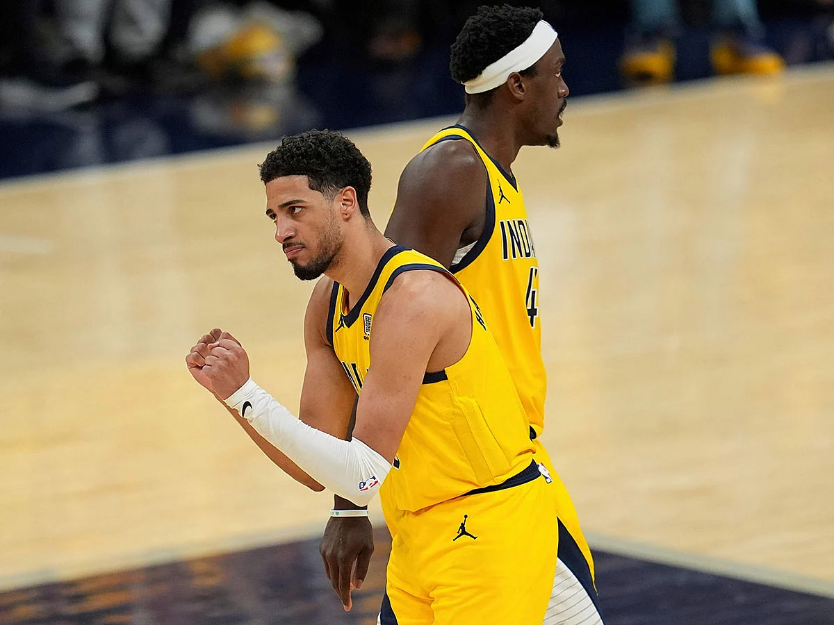 Indiana Pacers guard Tyrese Haliburton celebrates a basket against the Oklahoma City Thunder during the second half of Game 3 of the NBA Finals basketball series in Indianapolis.