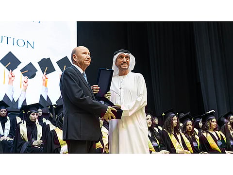 Dr. Qasim Al Oum, Chairman of the Board of Trustees (left), and Mohamed Al Shamma, Managing Director and CEO of International Community Schools (right), pictured during the ICS Mushrif Graduation Ceremony