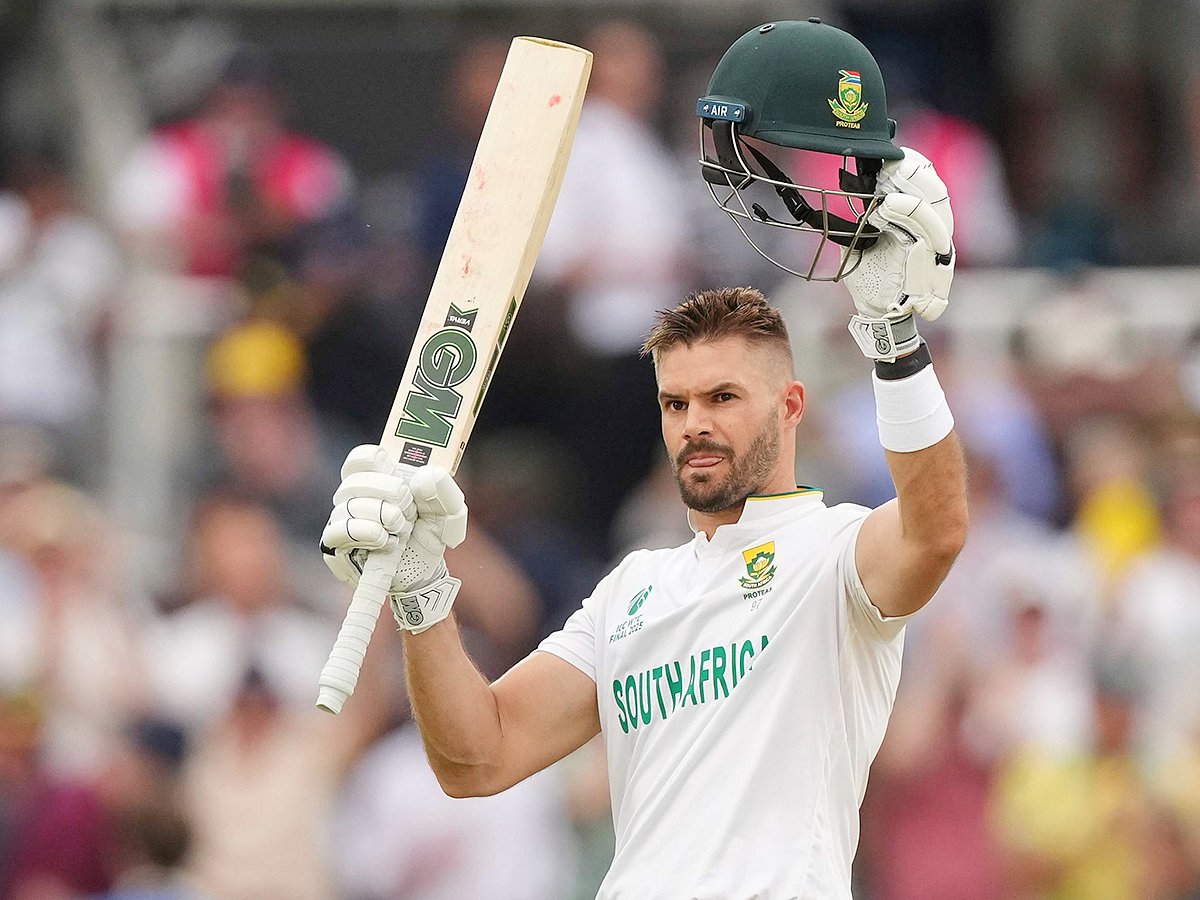 South Africa's Aiden Markram celebrates after scoring a century on day three of the World Test Championship final between South Africa and Australia at Lord's cricket ground in London, Friday, June 13, 2025. 