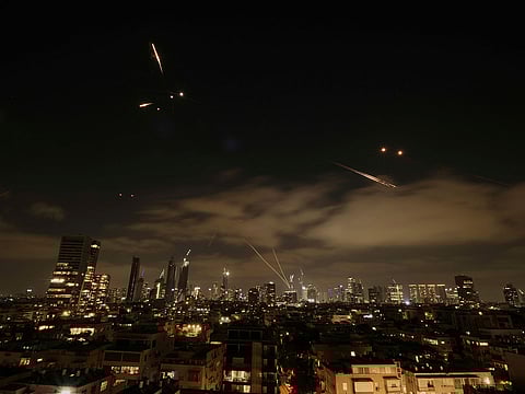 The Israeli Iron Dome air defense system fires to intercept missiles over Tel Aviv, Israel.