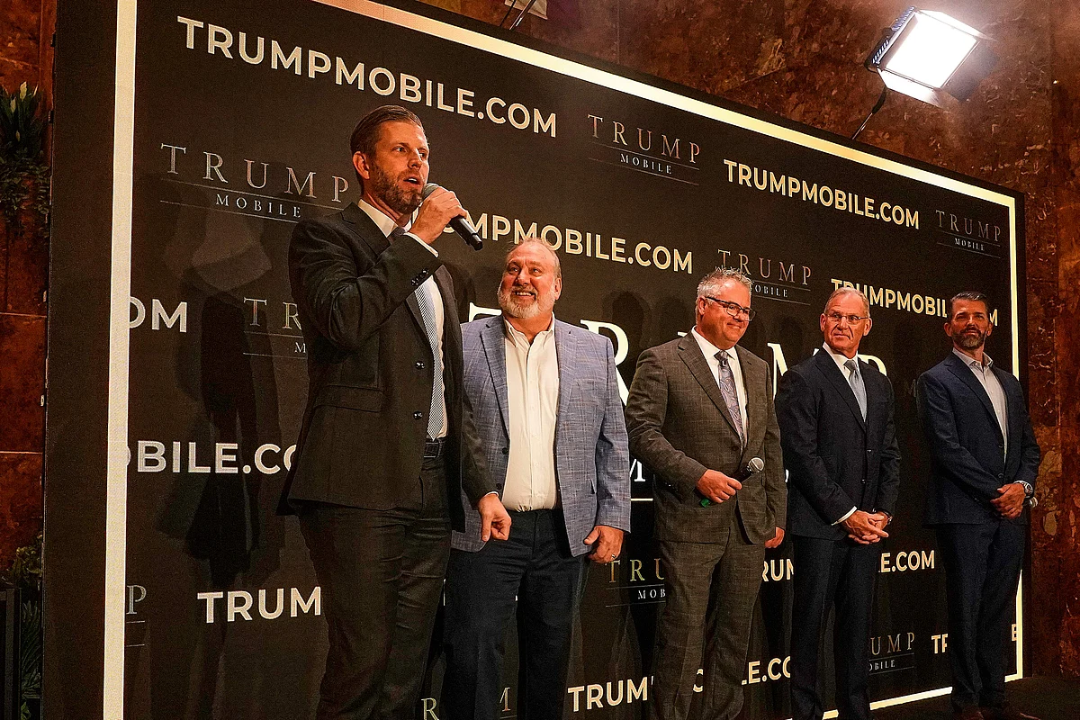 Eric Trump, Don Hendrickson, Eric Thomas, Patrick O'Brien and Donald Trump Jr., left to right, participate in the announcement of Trump Mobile, in New York's Trump Tower, Monday, June 16, 2025. 