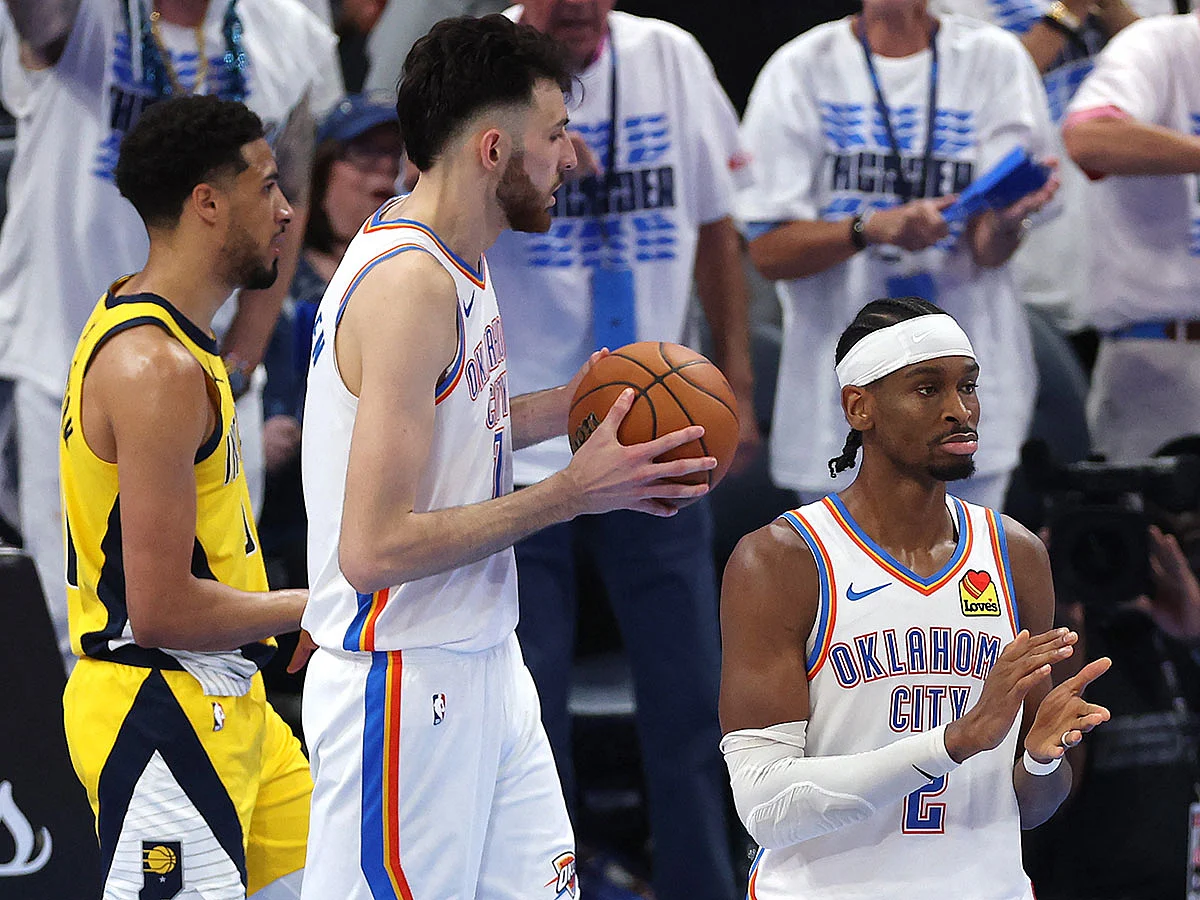 Shai Gilgeous-Alexander #2 of the Oklahoma City Thunder reacts during the fourth quarter against the Indiana Pacers in Game Five of the 2025 NBA Finals at Paycom Center.