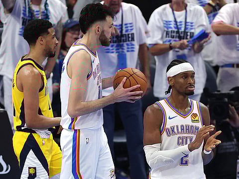 Shai Gilgeous-Alexander #2 of the Oklahoma City Thunder reacts during the fourth quarter against the Indiana Pacers in Game Five of the 2025 NBA Finals at Paycom Center.