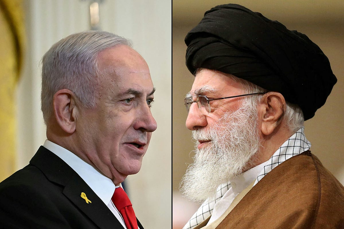 This combination of pictures created on June 18, 2025 shows (L to R) Israel's Prime Minister Benjamin Netanyahu speaking during a press conference with the US President at the White House in Washington, DC, on February 4, 2025; and a handout picture provided by the office of Iran's Supreme Leader Ayatollah Ali Khamenei on December 11, 2024 showing him addressing supporters in Tehran.