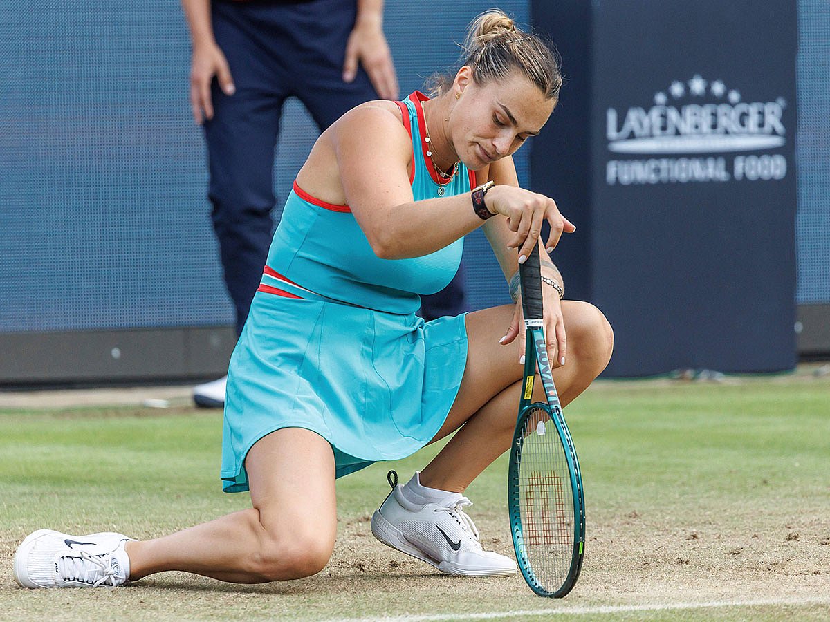 Belarus' Aryna Sabalenka gestures as she misses a point as she plays Switzerland's Rebeka Masarova during their women's singles match of the Berlin WTA tennis tournament in Berlin, Germany.