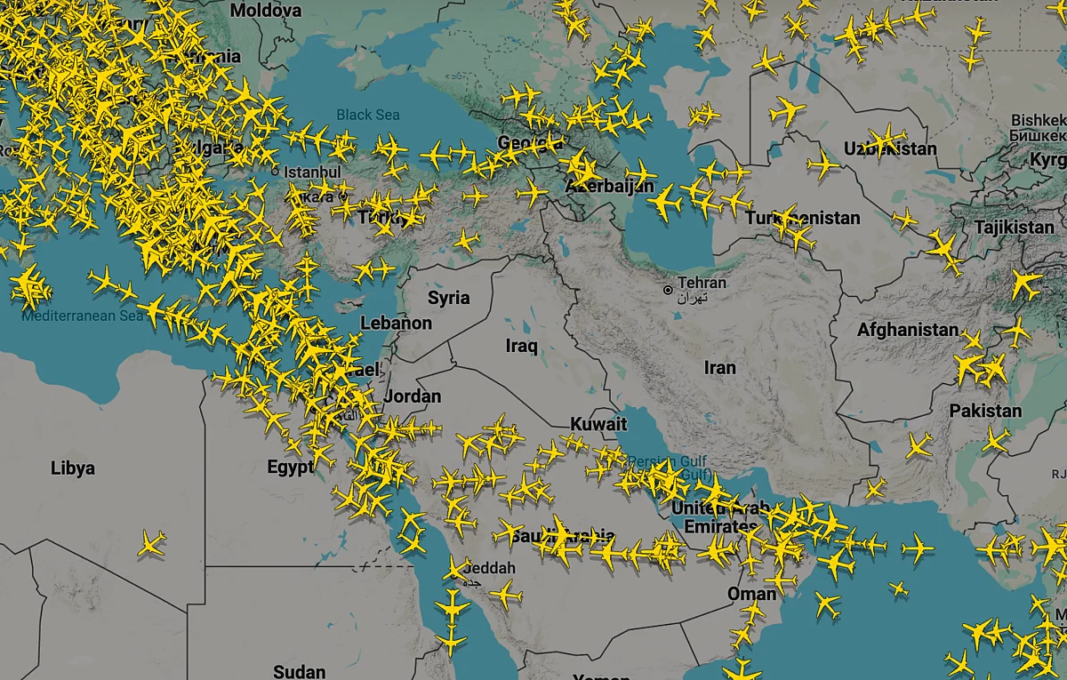 Flight Radar shows the empty airspace over a large part of the Middle East