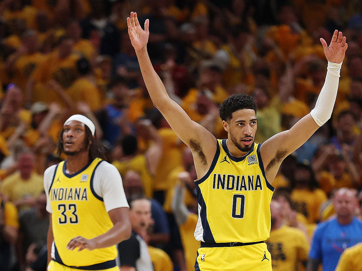 Tyrese Haliburton #0 of the Indiana Pacers celebrates a basket against the Oklahoma City Thunder during the second quarter in Game Six of the 2025 NBA Finals at Gainbridge Fieldhouse.