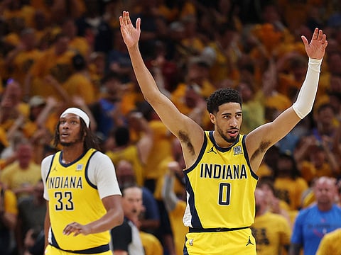 Tyrese Haliburton #0 of the Indiana Pacers celebrates a basket against the Oklahoma City Thunder during the second quarter in Game Six of the 2025 NBA Finals at Gainbridge Fieldhouse.