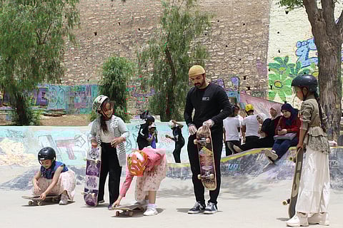 Refugee children enjoy playtime at the skatepark established by 7Hills, the winner of the 2022 Sharjah International Award for Refugee Advocacy and Support.