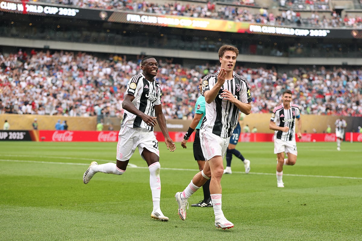 Kenan Yildiz of Juventus FC celebrates scoring his team's third goal with Randal Kolo Muani of Juventus FC during the Fifa Club World Cup 2025 group G match against Wydad AC at Lincoln Financial Field on June 22, 2025 in Philadelphia, Pennsylvania.
