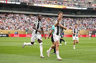 Kenan Yildiz of Juventus FC celebrates scoring his team's third goal with Randal Kolo Muani of Juventus FC during the Fifa Club World Cup 2025 group G match against Wydad AC at Lincoln Financial Field on June 22, 2025 in Philadelphia, Pennsylvania.