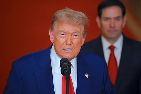 US President Donald Trump addresses the nation, alongside US Secretary of State Marco Rubio (R) from the White House in Washington, DC on June 21, 2025, following the announcement that the US bombed nuclear sites in Iran.