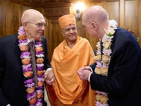 Pujya Brahmavihari Swami, Head of BAPS Hindu Mandir Abu Dhabi, meets President Dallin H. Oaks and President Henry B. Eyring of the First Presidency of the Church of Jesus Christ of Latter-day Saints in Salt Lake City, Utah.