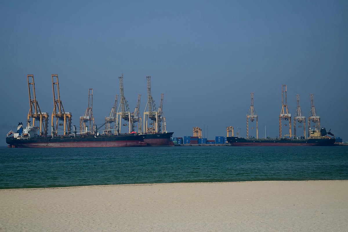 Tankers are seen at the Khor Fakkan Container Terminal, the only natural deep-sea port in the region and one of the major container ports in the Sharjah Emirate, along the Strait of Hormuz.