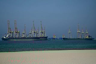 Tankers are seen at the Khor Fakkan Container Terminal, the only natural deep-sea port in the region and one of the major container ports in the Sharjah Emirate, along the Strait of Hormuz.