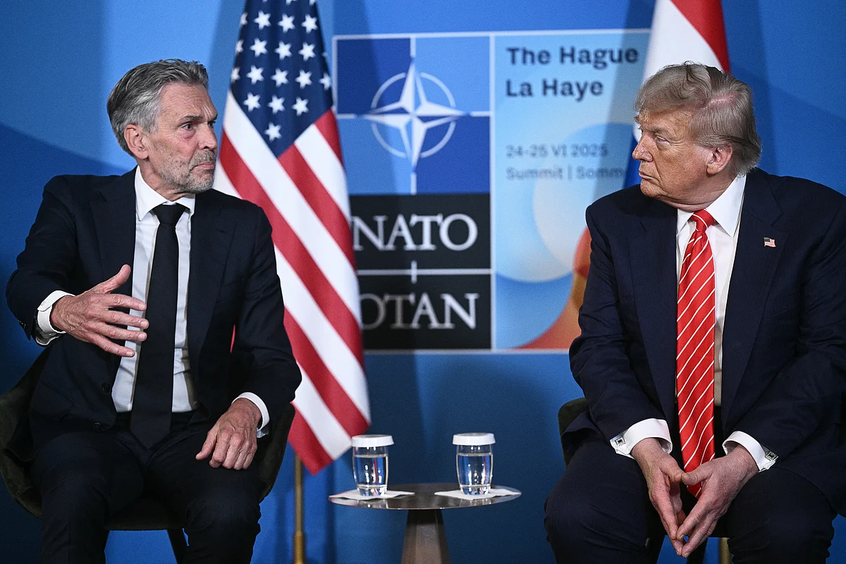 US President Donald Trump and Netherlands' Prime Minister Dick Schoof speak during a bilateral meeting on the sidelines of a North Atlantic Treaty Organization (NATO) Heads of State and Government summit in The Hague on June 25, 2025.