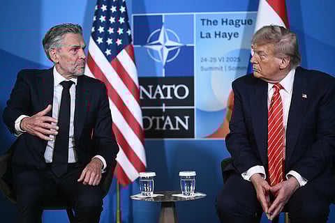 US President Donald Trump and Netherlands' Prime Minister Dick Schoof speak during a bilateral meeting on the sidelines of a North Atlantic Treaty Organization (NATO) Heads of State and Government summit in The Hague on June 25, 2025.
