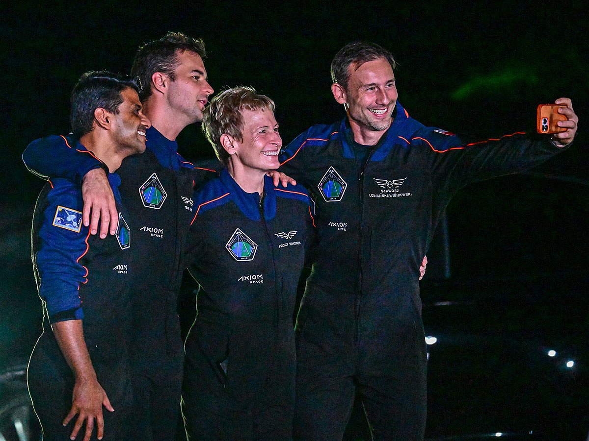 (L-R) ISRO astronaut Shubhanshu Shukla, Hungarian astronaut Tibor Kapu, US astronaut Peggy Whitson and Polish astronaut Slawosz Uznanski-Wisniewski pose for a picture ahead of the Axiom-4 mission.
