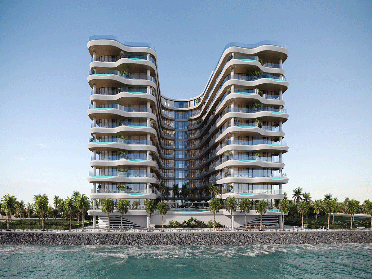The U-shaped design offers ocean views from all units, with floor-to-ceiling windows and some featuring private terrace pools.