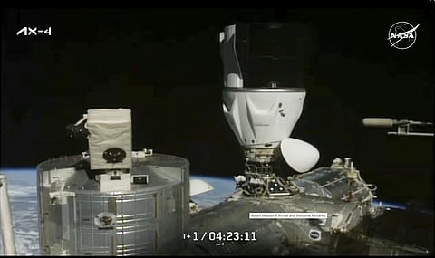 This image provided by NASA shows the SpaceX capsule carrying a crew of four astronauts docks to the International Space Station, carrying the first astronauts from India, Poland and Hungary in more than 40 years, on Thursday June 26, 2025. 