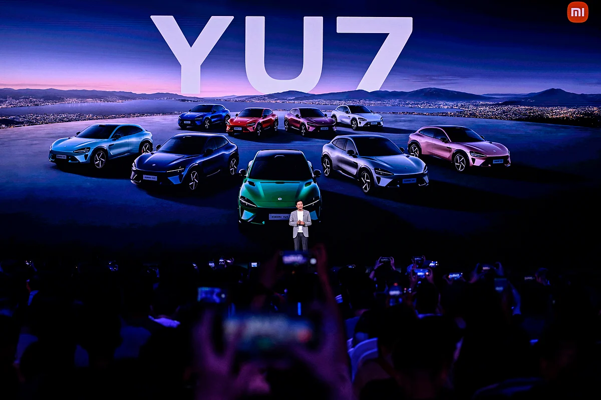 Lei Jun, Chairman and CEO of Chinese electronics company Xiaomi, introduces the Xiaomi YU7 car, during a launching event in Beijing on June 26, 2025.