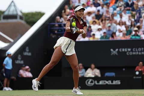 Philippines' Alexandra Eala returns to Australia's Maya Joint during their women's singles final tennis match on day six of the Lexus Eastbourne International tennis tournament in Eastbourne, southern England, on June 28, 2025.