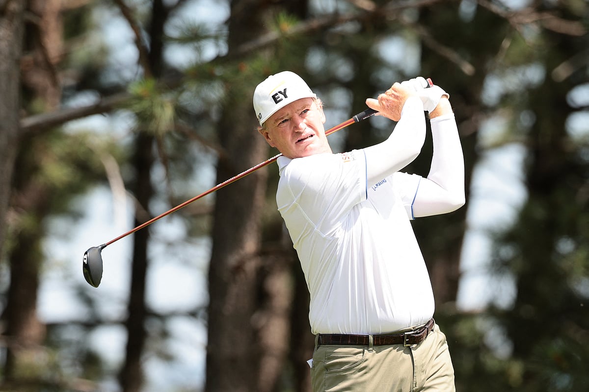 Ernie Els of South Africa hits a tee shot on the sixth hole during the third round of the U.S. Senior Open Championship 2025 at Broadmoor Golf Club on June 28, 2025 in Colorado Springs, Colorado.
