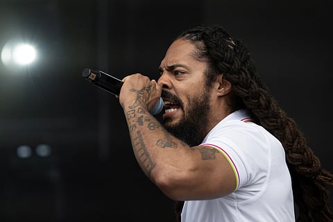 Bobby Vylan of British duo Bob Vylan performs on the West Holts Stage on the fourth day of the Glastonbury festival at Worthy Farm in the village of Pilton in Somerset, south-west England, on June 28, 2025.