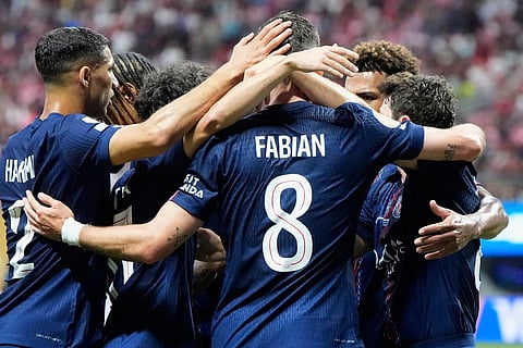 Paris Saint-Germain team celebrates the second goal by Paris Saint-Germain's Joao Neves during the Club World Cup round of 16 soccer match between PSG and Inter Miami in Atlanta, Sunday, June 29, 2025.