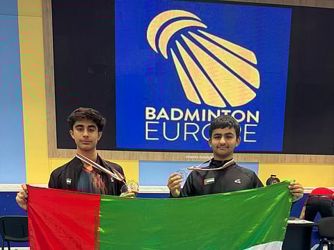 UAE's Riyan Malhan and Abdulaziz Mohamed Yahya pose with their U-19 men’s doubles bronze medal in Bulgaria.