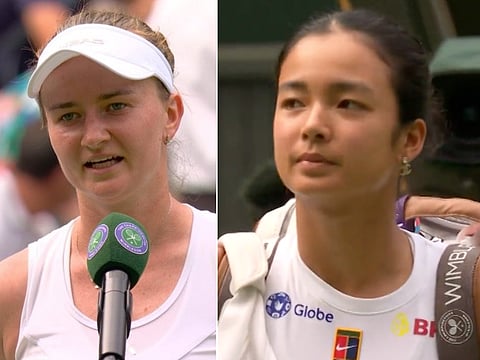 Defending champion Barbora Krejcikova, 29, said Filipina player Alex Eala (right), 20, left a strong impression on the Centre Court on her Wimbledon debut.  ‘She was smashing the ball. She was cleaning the lines. She was cleaning the lines. Wow. It’s the next generation coming up."