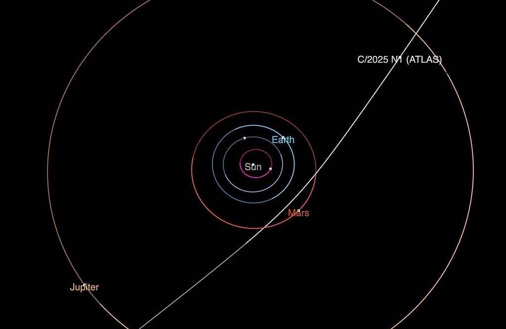 This diagram provided by NASA/JPL-Caltech shows the trajectory of interstellar comet 3I/ATLAS as it passes through the solar system. 