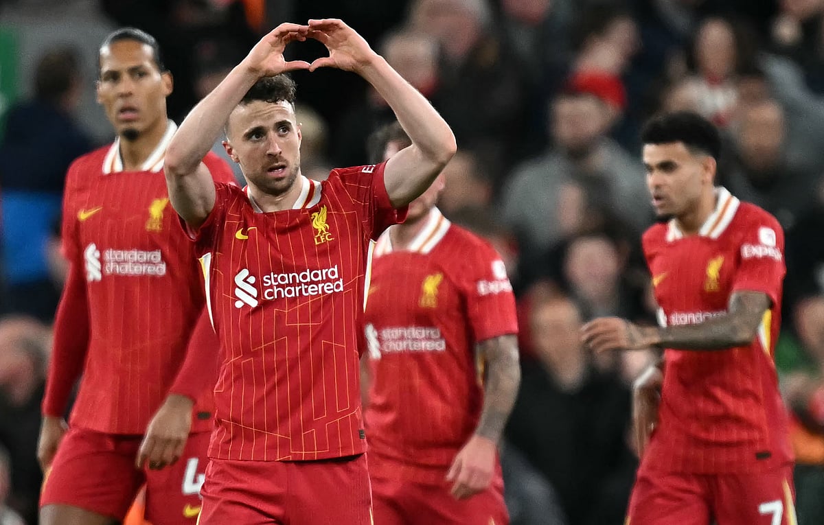 Liverpool's Diogo Jota (second from left) celebrates after scoring a goal in English Premier League. The Portuguese striker was at the wheel when the fatal accident took place, Spanish police reveal.