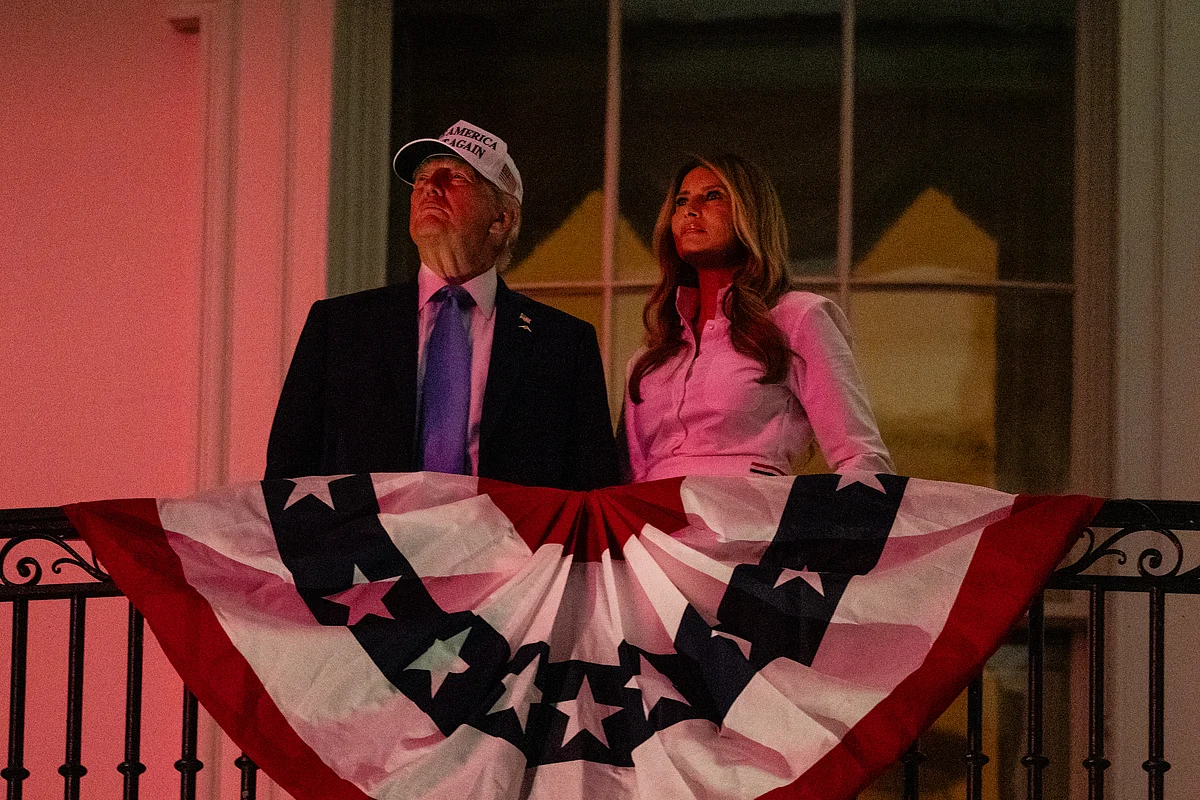 President Donald Trump and First Lady Melania Trump watch fireworks during a Fourth of July celebration at the White House on July 4, 2025 in Washington, DC. 