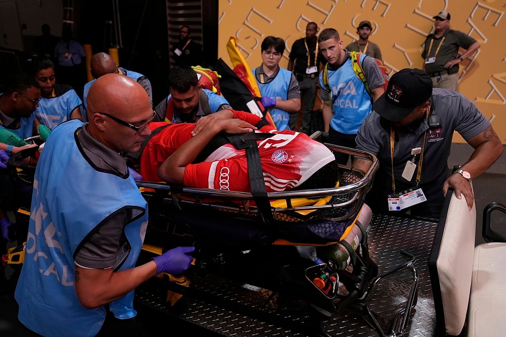 Bayern Munich's Jamal Musiala is taken off the field after an injury during the Club World Cup quarterfinal against PSG in Atlanta in the US on July 5, 2025. 