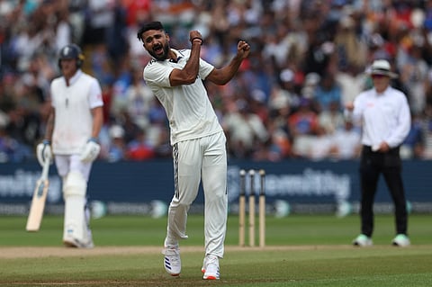 India's Akash Deep celebrates after trapping England's Harry Brook LBW (leg before wicket) on day five of the second cricket test match between England and India at Edgbaston cricket ground in Birmingham, central England on July 6, 2025.
