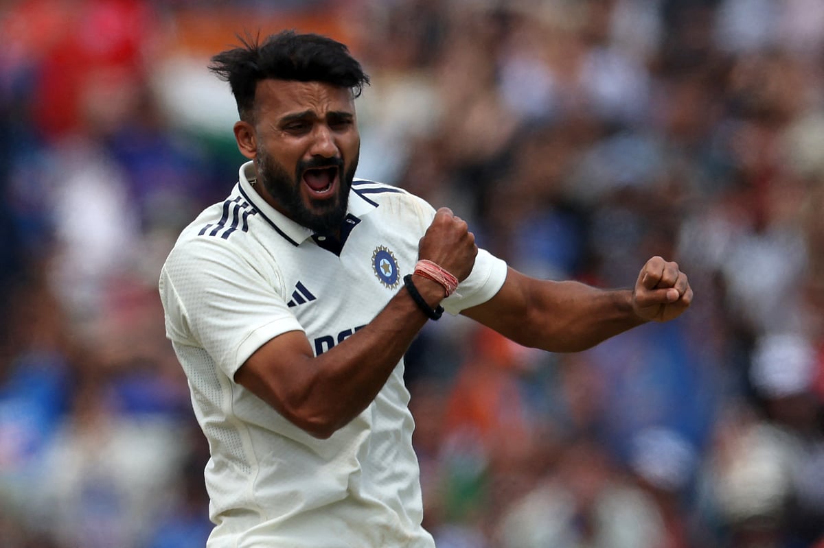 India's Akash Deep celebrates on his six wickets during the second innings against England on day five of second Test at Edgbaston on Sunday.
