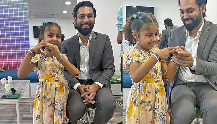 Anas Niazi with Palestinian girl Sidra who got the brain-controlled arm limb. 