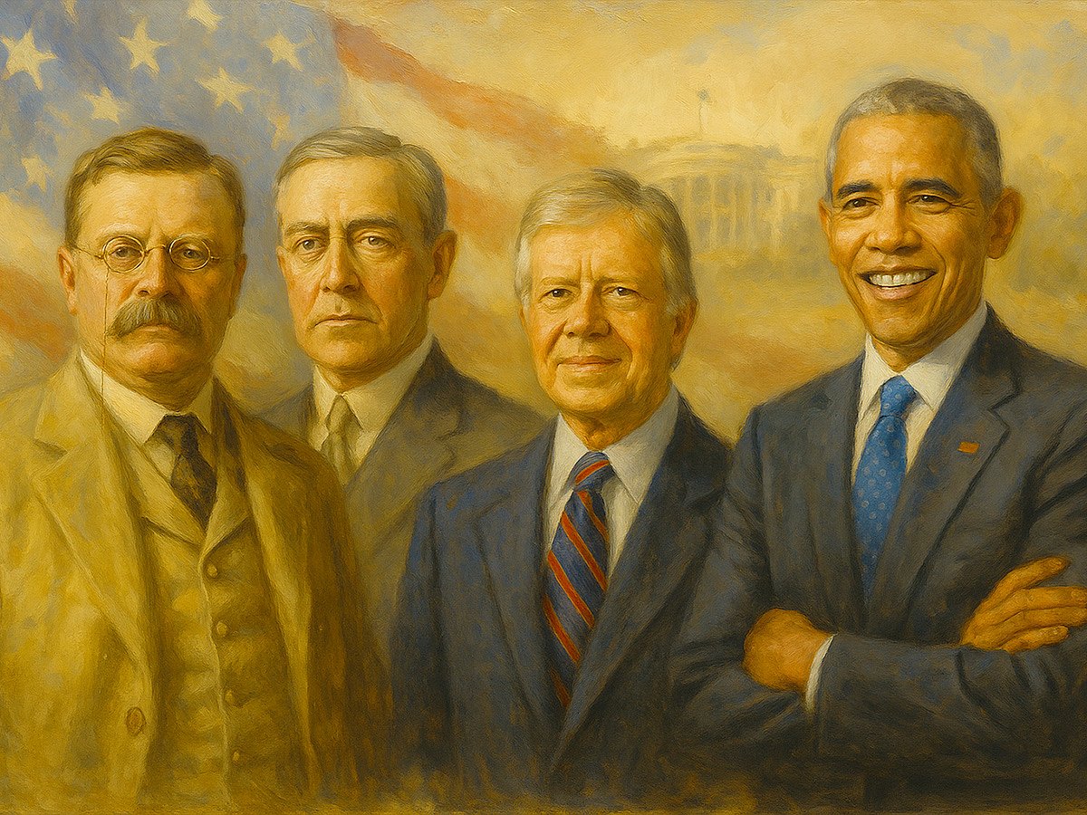 Former US Presidents Theodore Roosevelt, Woodrow Wilson, Jimmy Carter and Barack Obama.