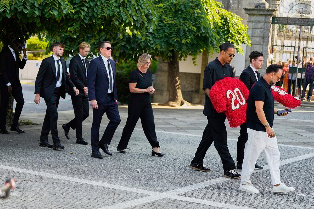 Liverpool players walk to attend the funeral of their teammate Diogo Jota and his brother André Silva in Gondomar, near Porto, Portugal, on Saturday.