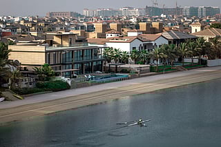 A picture shows beachfront villas in the Palm Jumeirah in the Gulf emirate of Dubai on July 8, 2025.