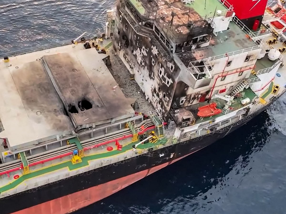 This handout picture released by Yemen's Huthi Ansarullah Media Centre on July 8, 2025 reportedly shows a view of damage to the Liberia-flagged bulk carrier Eternity C after it was attacked by the Huthis at sea.