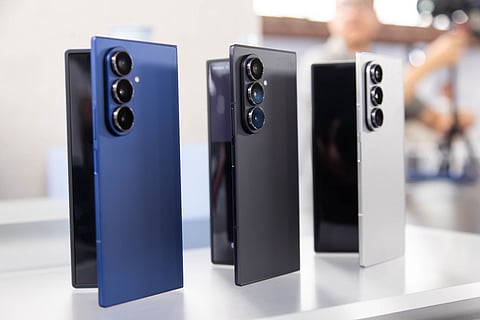 Samsung Galaxy Z Fold 7 smartphones during a media event ahead of Galaxy Unpacked at the Brooklyn Navy Yard in New York, US, on Monday, July 7, 2025.