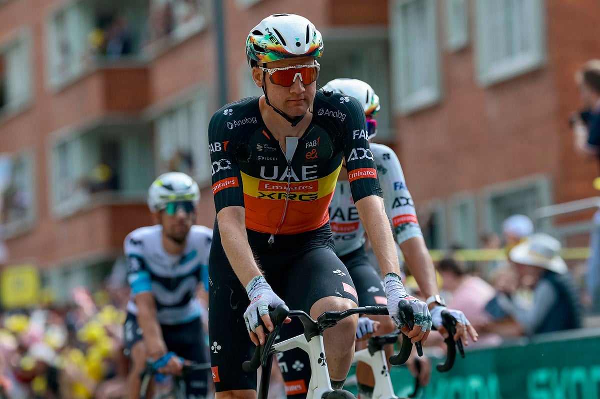 UAE Team Emirates riders wearing the AI-powered helmets during the stage 3 of the Tour de France on Monday.