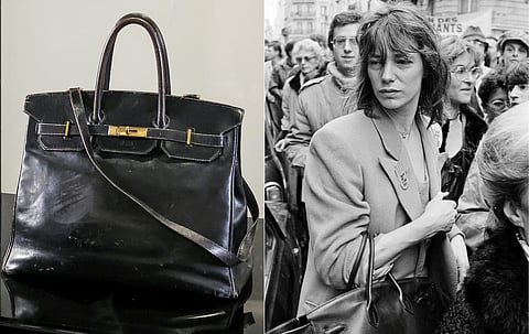 This combination of pictures created on July 09, 2025 shows the "Birkin" bag by Hermes which belonged to British-French actress and singer Jane Birkin at the Sotheby's auction house in Paris on July 2, 2025 and which will be auctioned by Sotheby's as part of the Fashion Icons auction sale.