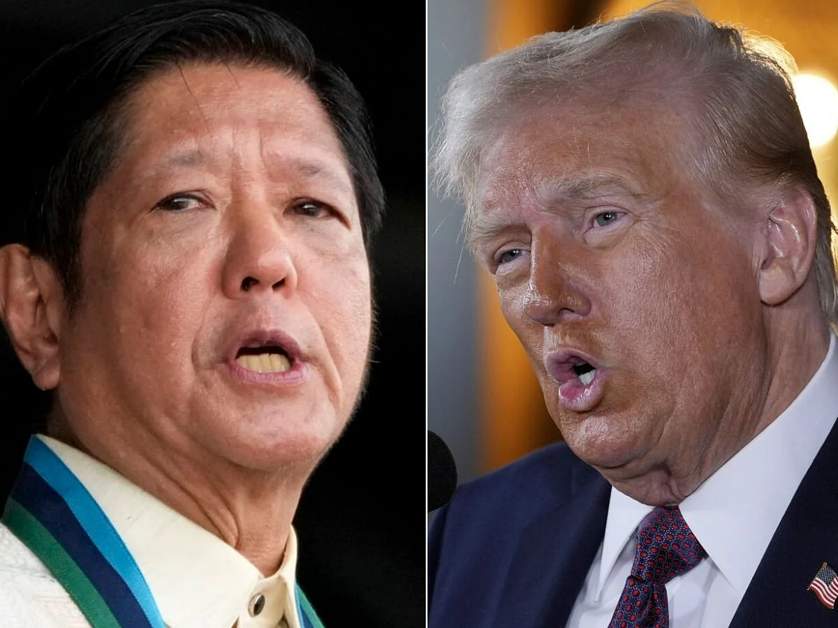 Philippine President Ferdinand Marcos Jr. (left) and US President Donald Trump. Marcos Jr is set to visit the US to discuss with his US counterpart economic and security concerns. The Philippines and the US are long-time treaty allies. 