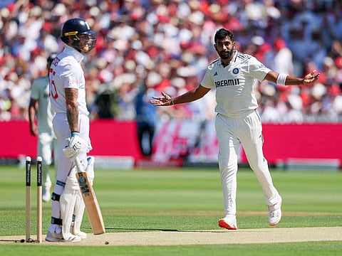 India's Jasprit Bumrah celebrates the wicket of England's captain Ben Stokes during day 2 of the 3rd test match, at Lord's in London on Friday. 