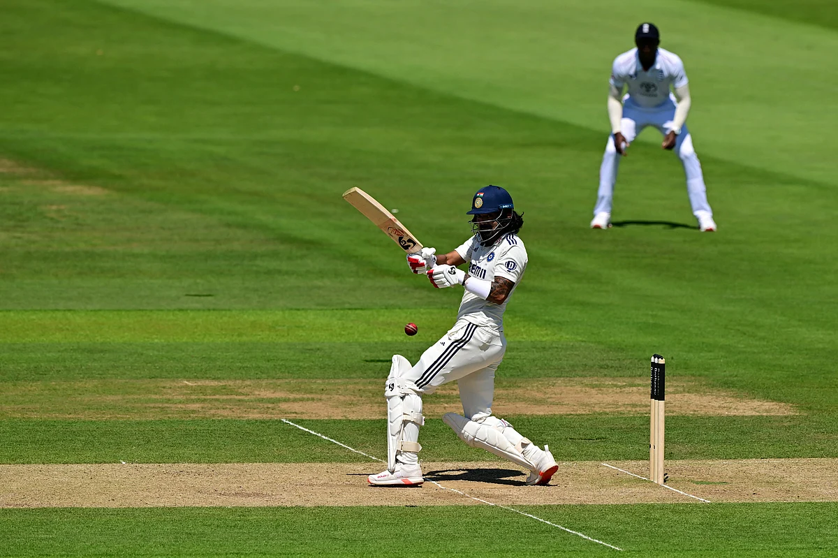 India's KL Rahul plays a shot from England's Brydon Carse on the third day of the third cricket test at Lord's cricket ground in London, on July 12, 2025.